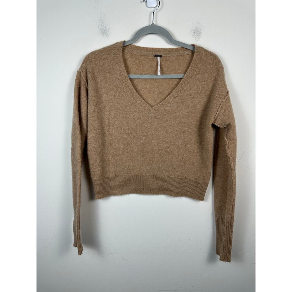 Free People Sweater Women XS Camel Cashmere Deep V-Neck Cropped Pullover 1744